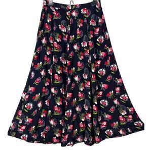 Floral Navy Blue Skirt with Red Pink Print 16 16W Vintage Retro 90s Maxi